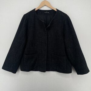 EILEEN FISHER Jacket L Cotton Linen Tweed Blazer Hidden Button Up Lined Black